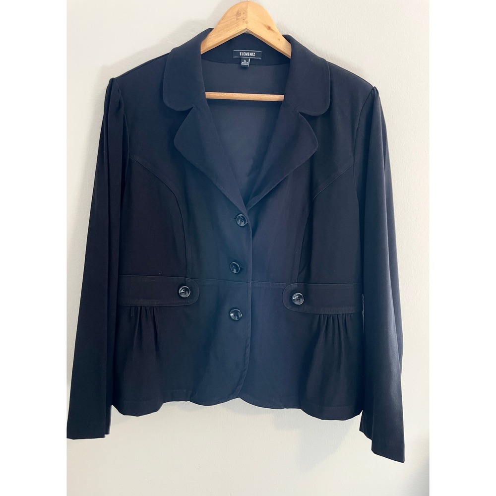 Womens Black Button Up Blazer Jacket Empire Waist Peplum XL Cropped Y2K Academia
